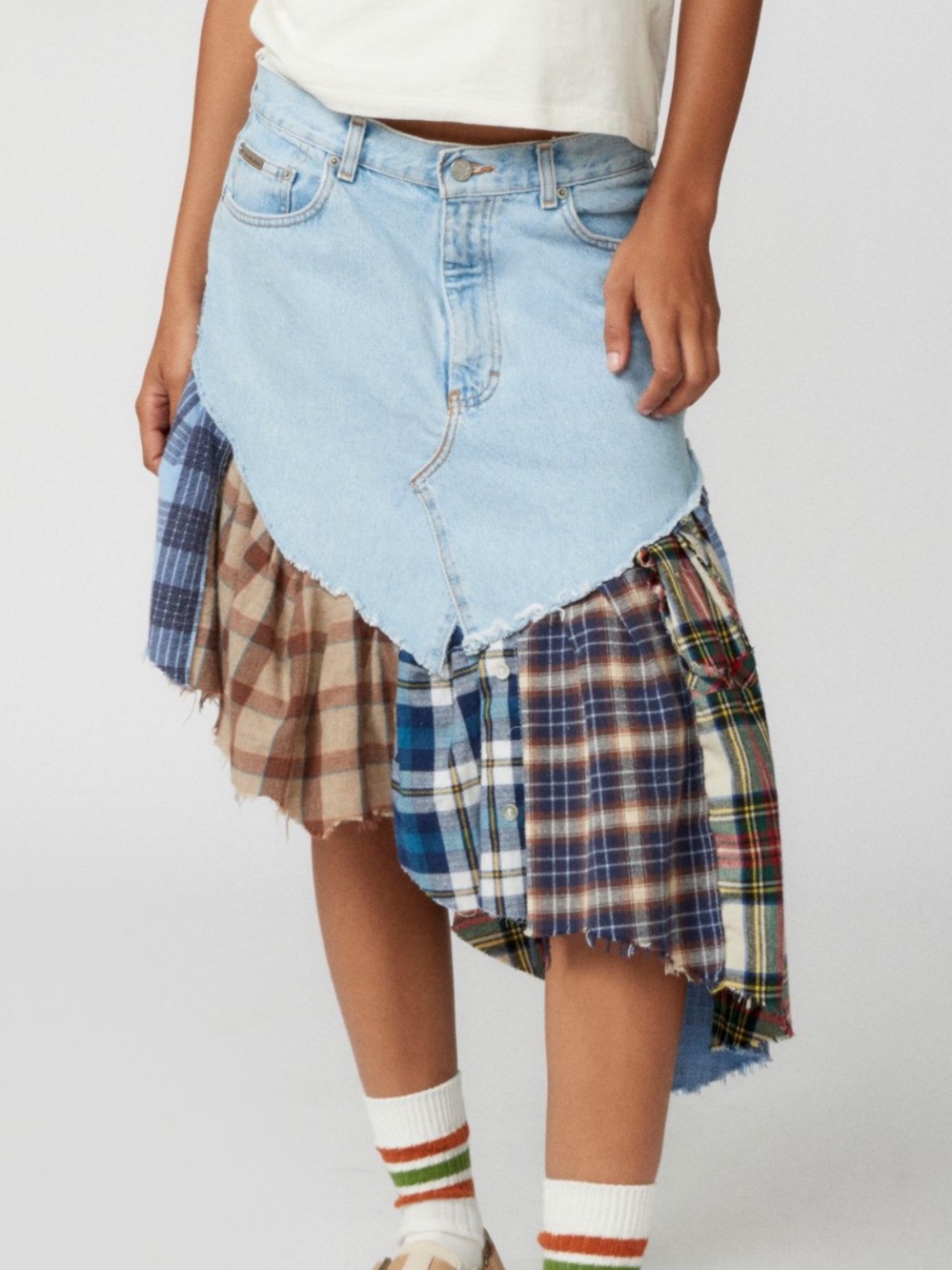 URBAN RENEWAL Remade Flannel Ruffle Denim Midi Skirt